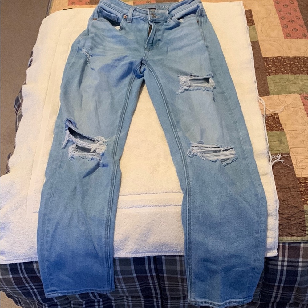 Blue Straight Leg Jeans with Distressing